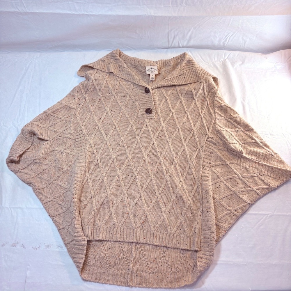 St‎ Johns Bay Womens Tan Cable Knit Poncho Sweater Henley Collar Speckled Small
